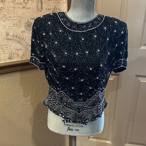 Papell Boutique Black and Silver Embellished Blouse